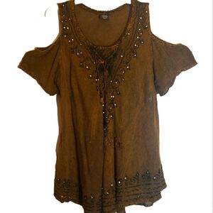 Seven Island women's XL brown cold shoulder pullover blouse.  4009